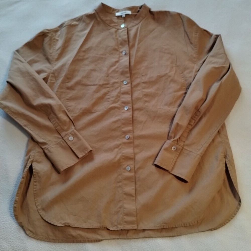 Vince Button Up Blouse Long Sleeve Tan Medium Women's Cotton Silk Inside Pockets